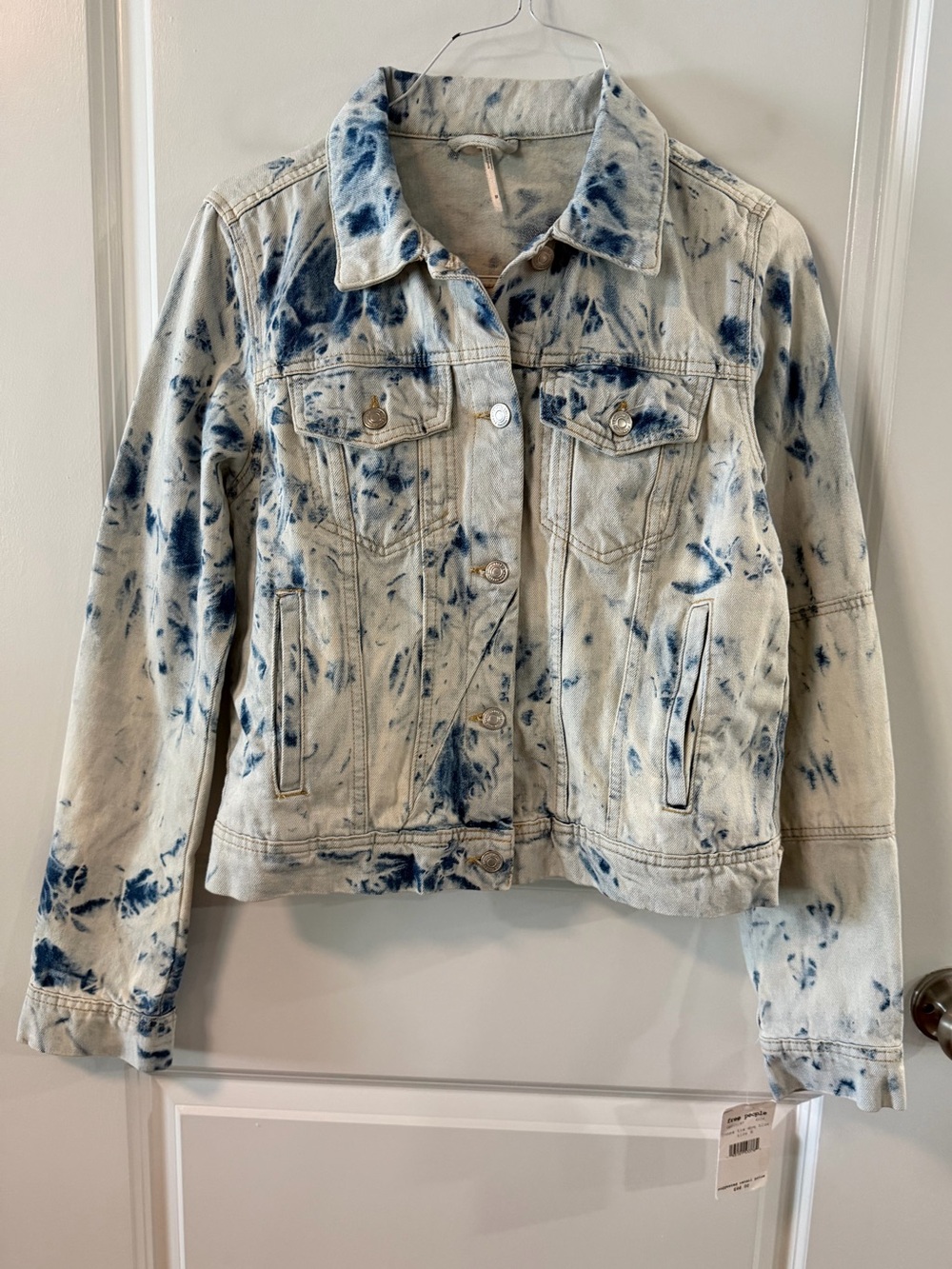 Free People Blue and White Tie-Dye Denim Jacket